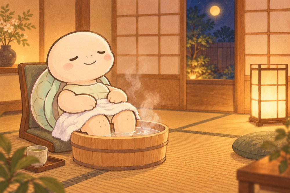 和室で足湯をしてくつろぐ亀のナビ助