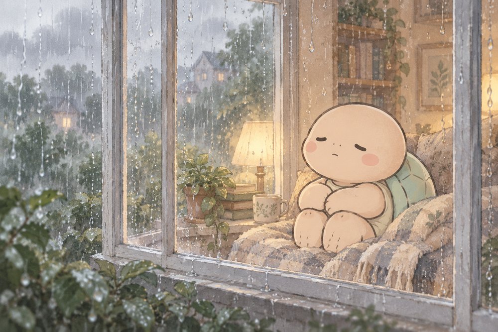 雨の日の出窓でひざを抱えてぼんやりする亀のナビ助