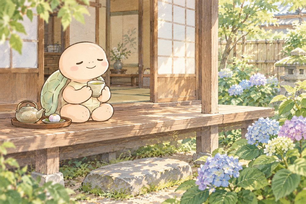 紫陽花の咲く縁側で湯のみを手にほっとする亀のナビ助