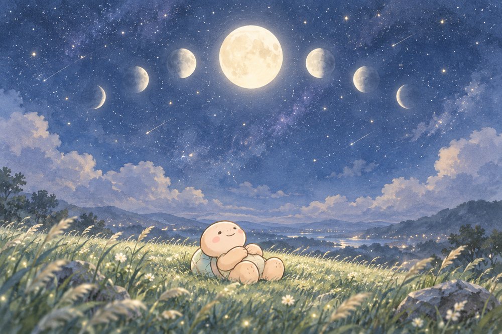満月の夜の草原に寝ころんで月を見上げる亀のナビ助