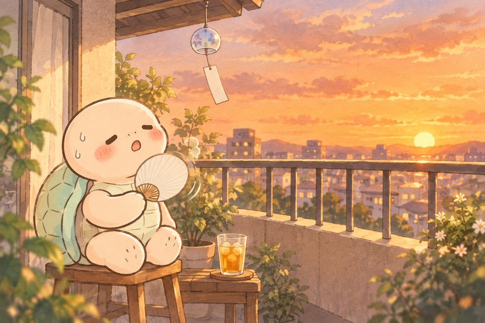 夕暮れのベランダでうちわをあおぐ亀のナビ助