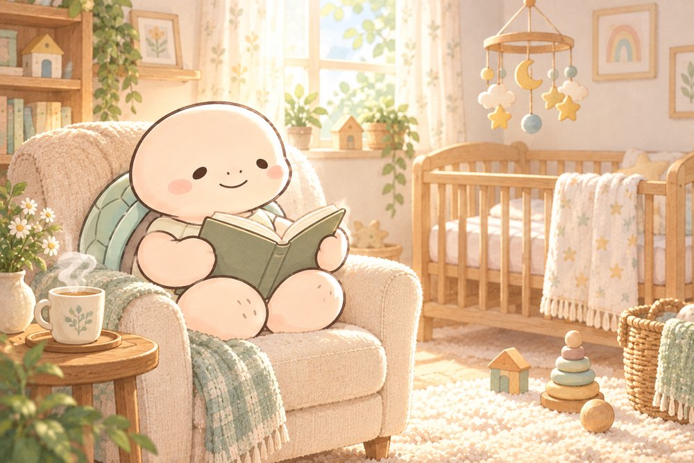 子ども部屋のチェアで本を読んで調べる亀のナビ助