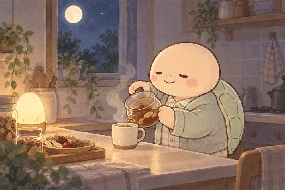 深夜のキッチンで温かい漢方薬を注ぐ亀のナビ助