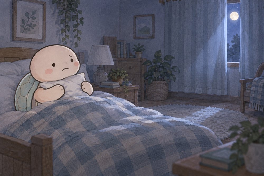 真夜中にベッドで目が冴えてしまう亀のナビ助