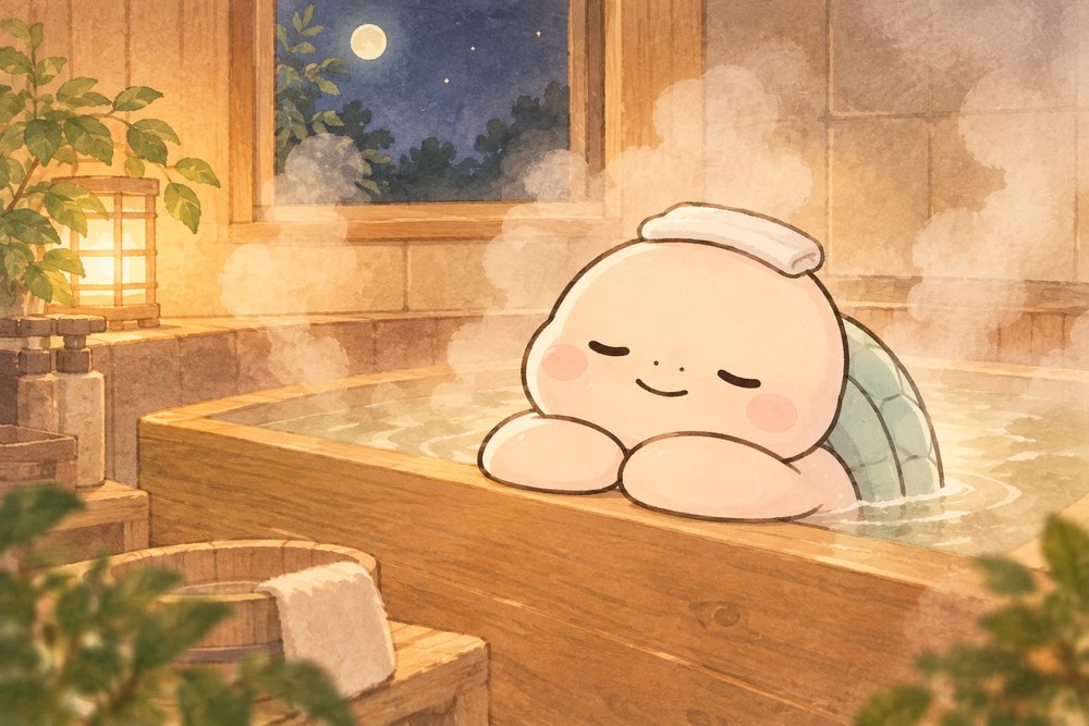 夜の湯船にゆったりつかってくつろぐ亀のナビ助