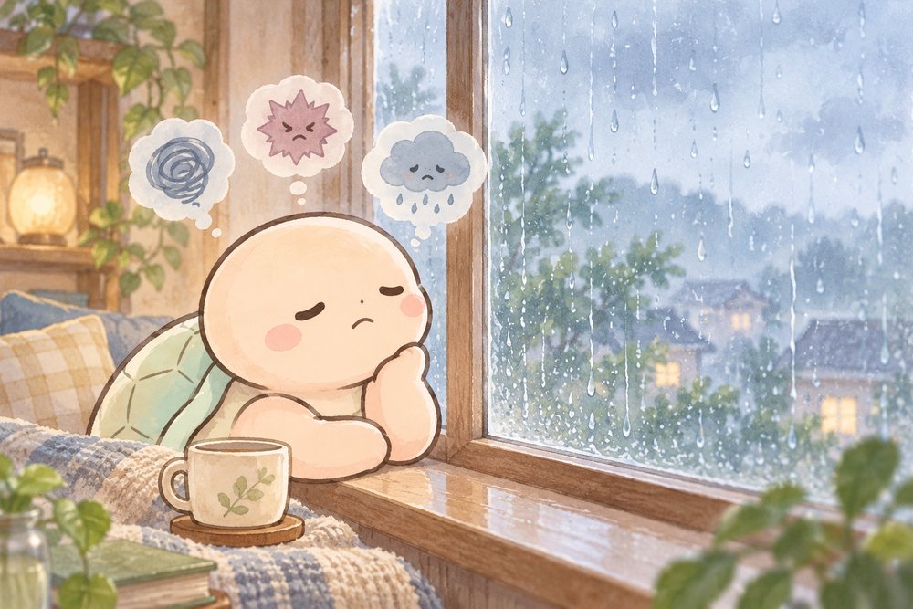 雨の日の窓辺で亀のナビ助がほおづえをつきストレスの3つのタイプを思い浮かべているイラスト