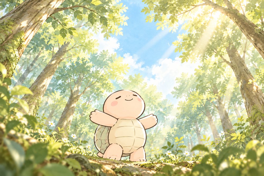亀のナビ助が木漏れ日の森で両手を広げて深呼吸しているイラスト