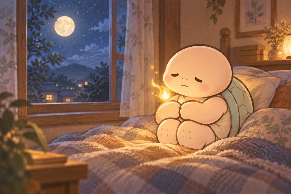 月夜の寝室で亀のナビ助がひざを抱えて胸の揺れる光を見つめているイラスト