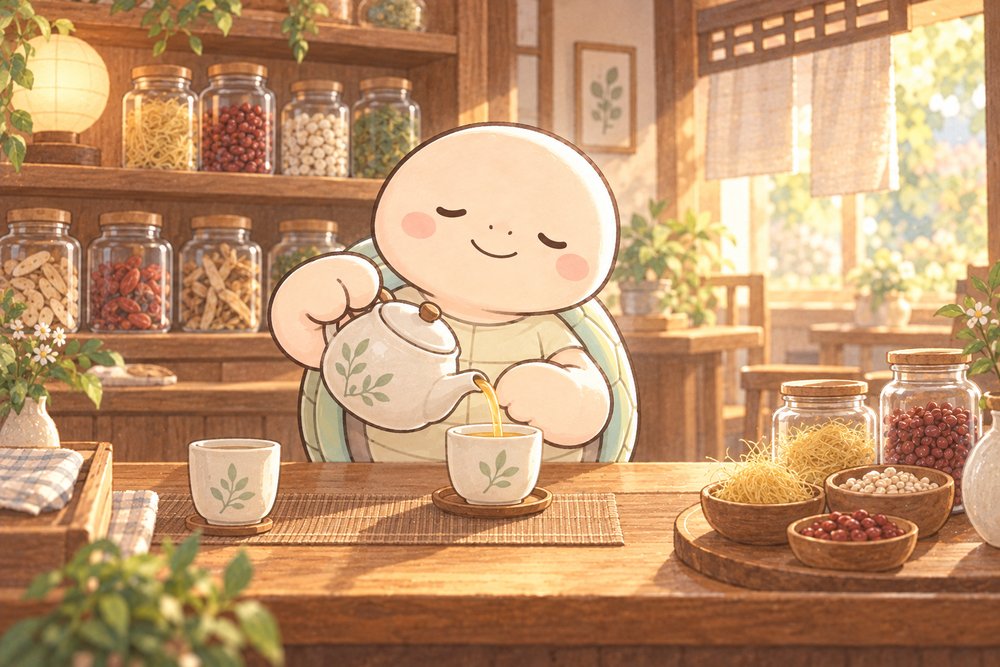 和カフェで急須からお茶を注ぐ亀のナビ助