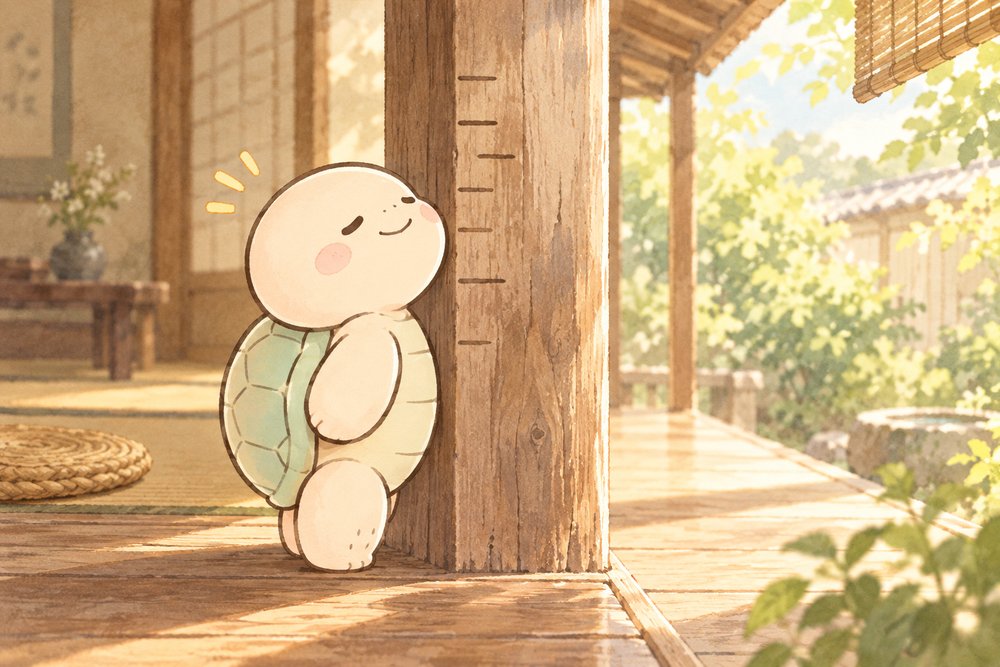 柱で背比べをして背伸びする亀のナビ助