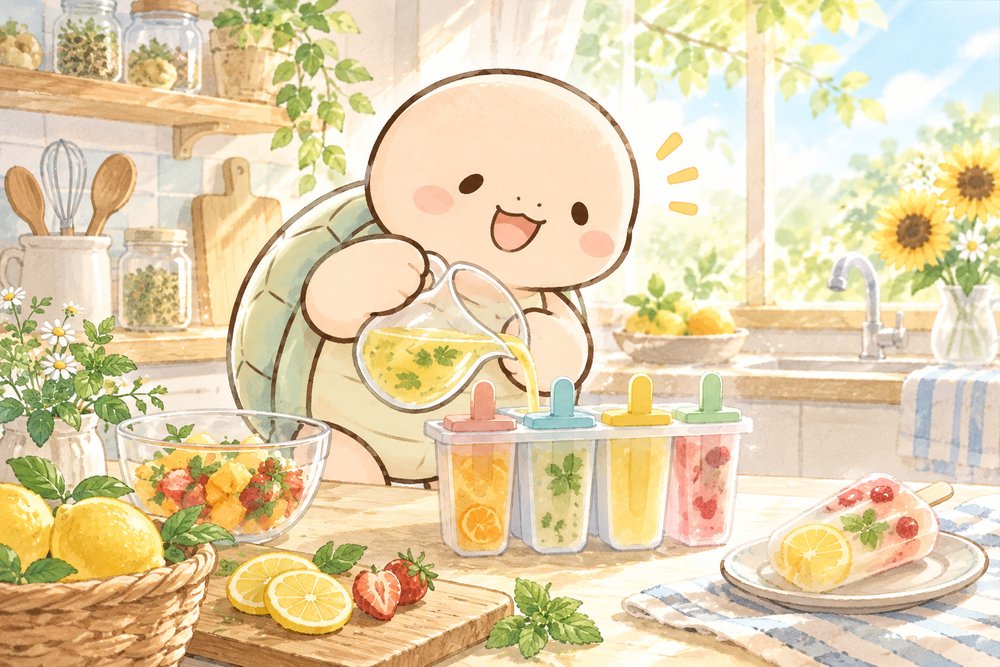 漢方薬入りのアイスキャンデーを作る亀のナビ助