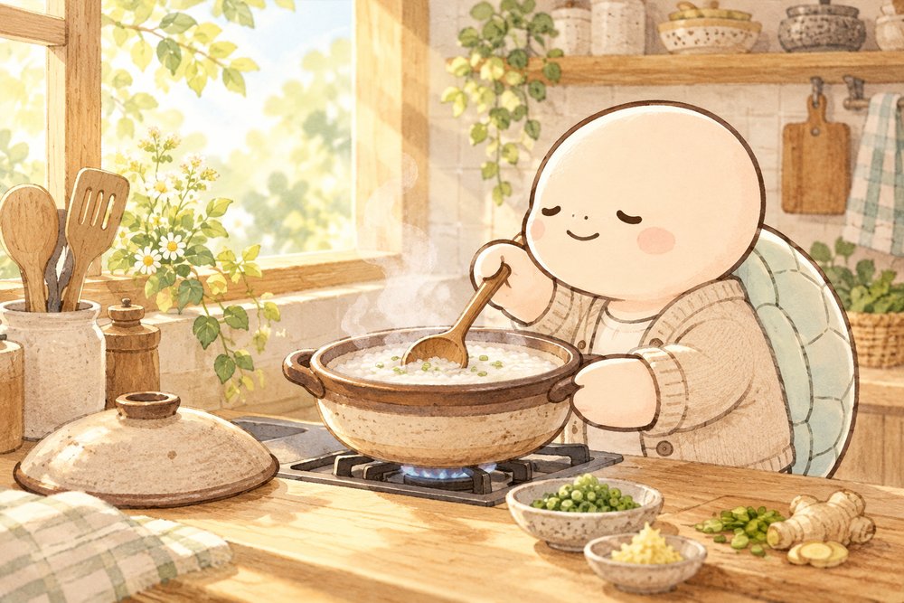 土鍋でねぎとしょうがのおかゆを作る亀のナビ助