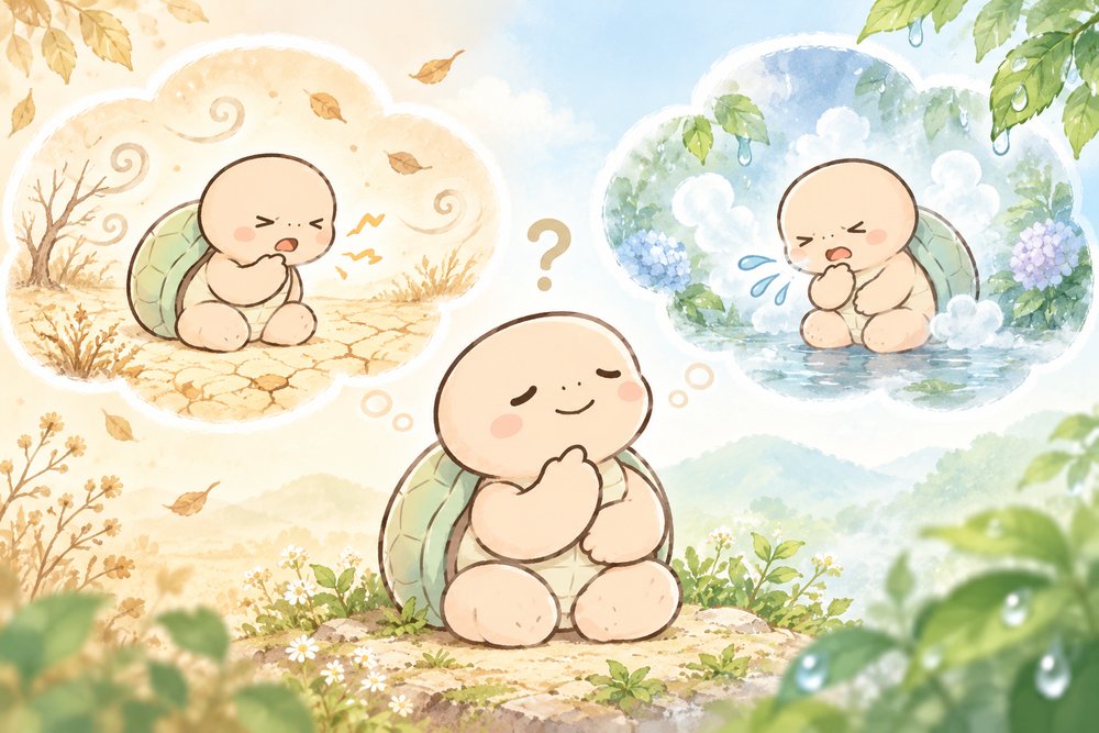 亀のナビ助が乾いた咳と痰のからむ咳の2つのタイプを見比べて考えているイラスト