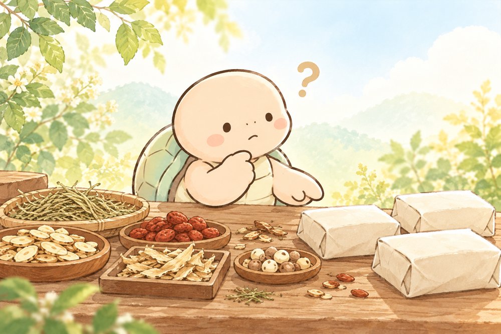 亀のナビ助がテーブルに並べた生薬と漢方薬の包みを見比べて選んでいるイラスト