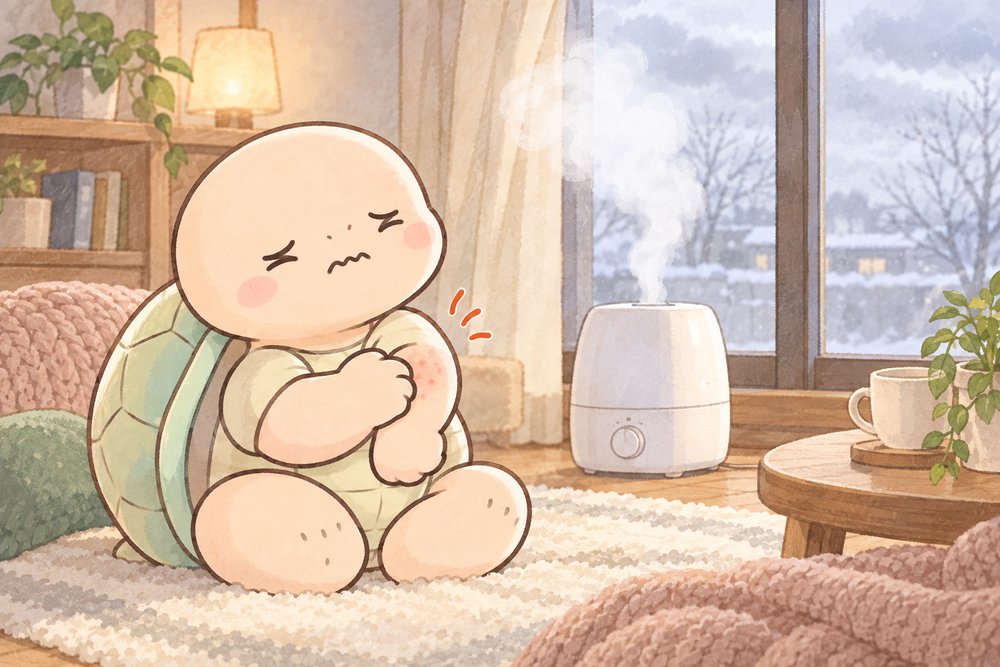 乾燥した部屋でかゆみをがまんする亀のナビ助