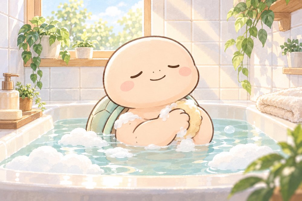 ぬるめのお風呂でやさしく体を洗う亀のナビ助