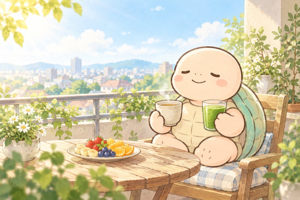 バルコニーで漢方薬と野菜スムージーを飲む亀のナビ助