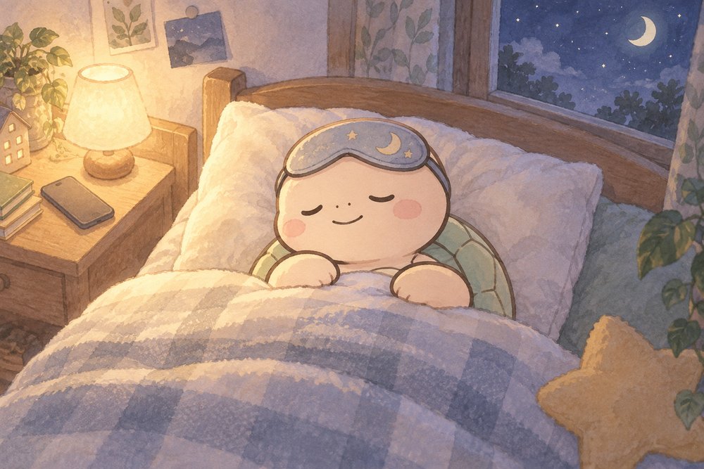 アイマスクをつけて早めに眠る亀のナビ助