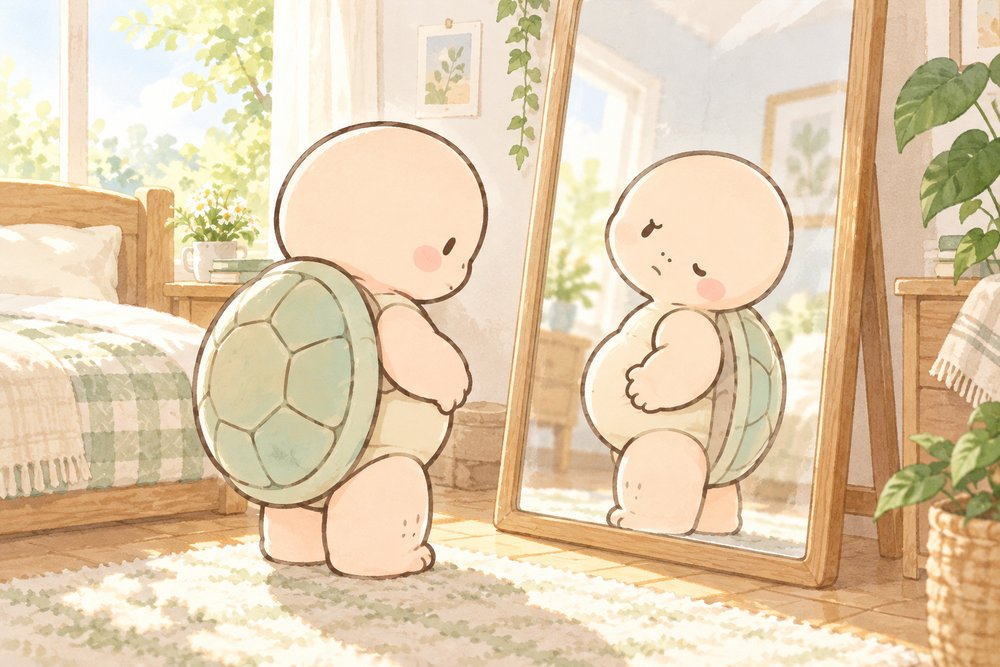 姿見の前でお腹の出具合を確かめる亀のナビ助