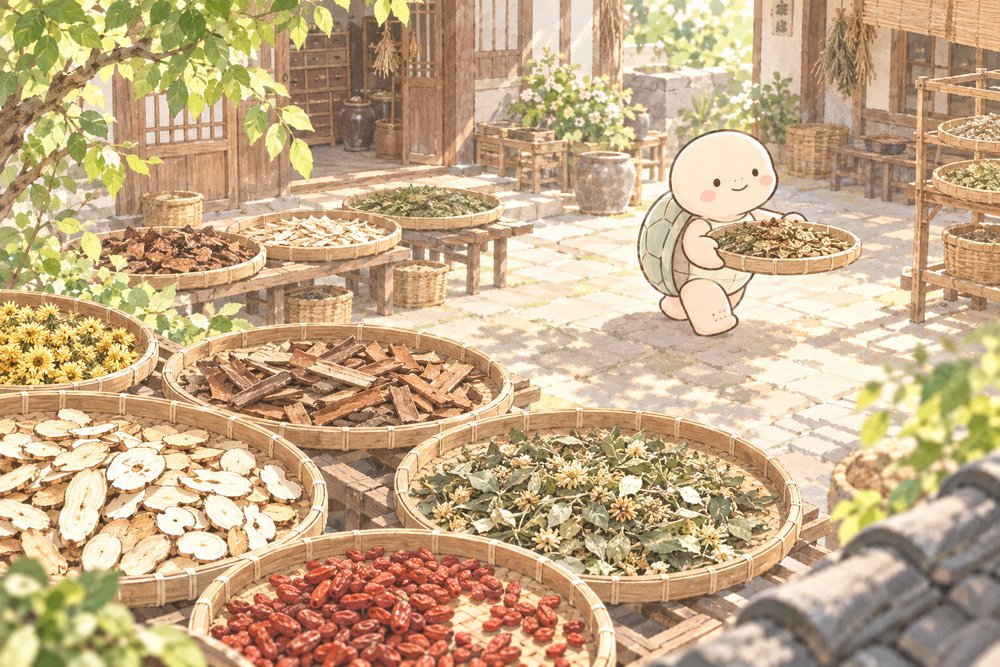 生薬問屋の中庭で天日干しの生薬を運ぶ亀のナビ助