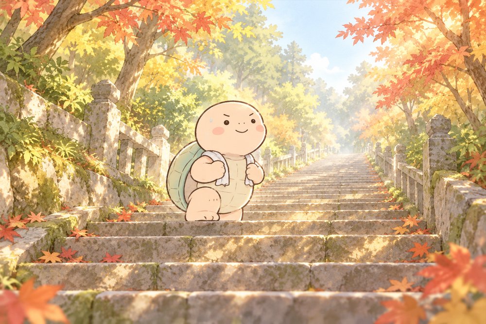 朝の神社の石段を一歩ずつのぼる亀のナビ助