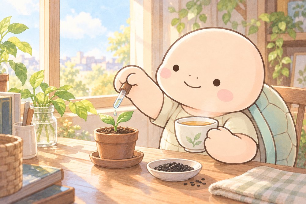 若い芽にスポイトで水をあげる亀のナビ助