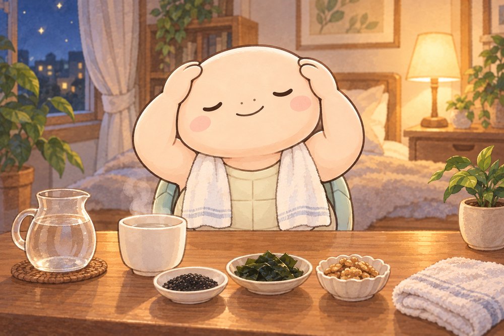 お風呂上がりに頭をもみほぐす亀のナビ助