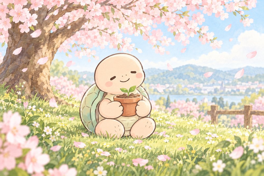 桜の木の下で芽の出た鉢を大事に抱える亀のナビ助