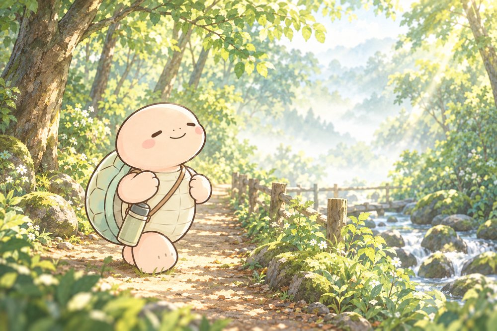 朝の森の遊歩道をゆっくり歩く亀のナビ助