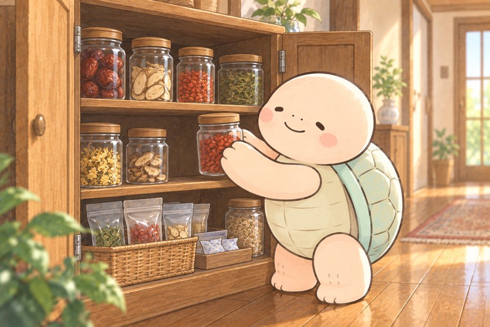 戸棚に密閉瓶をきちんとしまう亀のナビ助