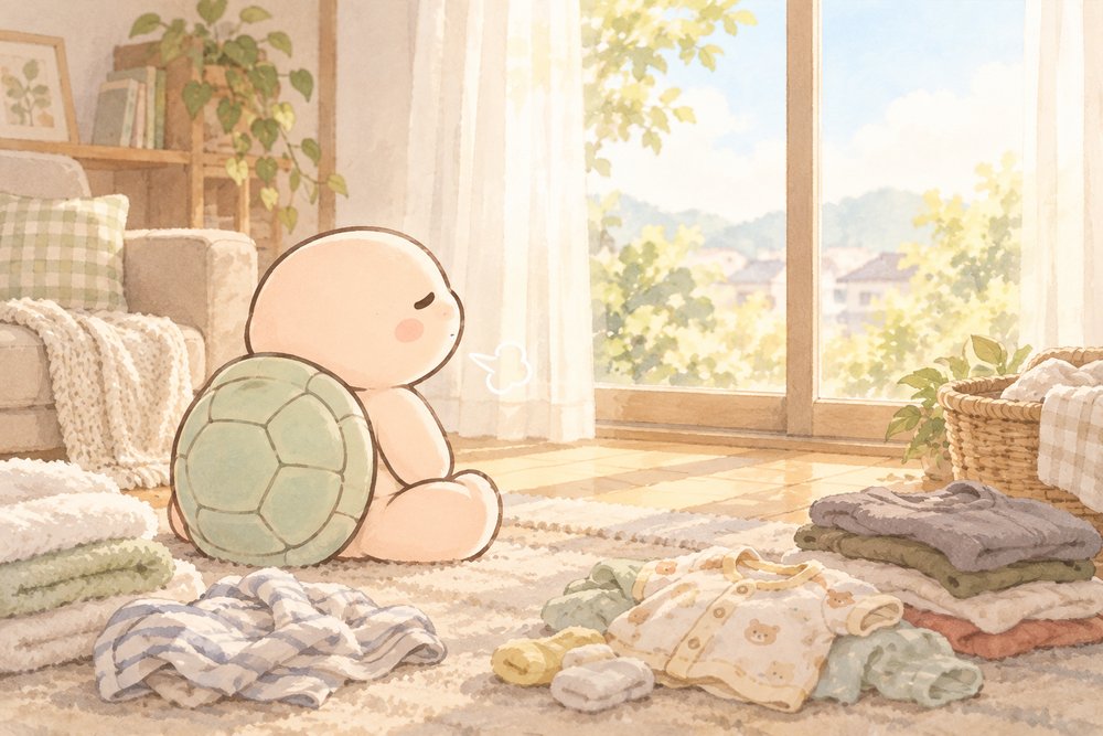 洗濯物の山の中でぼんやりひと息つく亀のナビ助