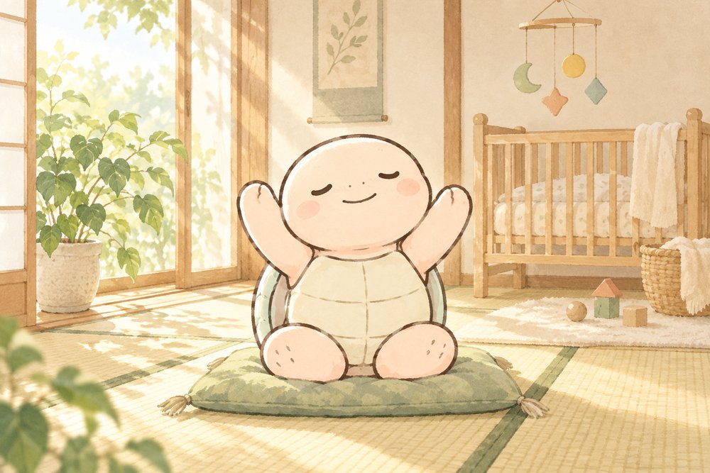 和室でゆっくり腕を伸ばしてストレッチする亀のナビ助