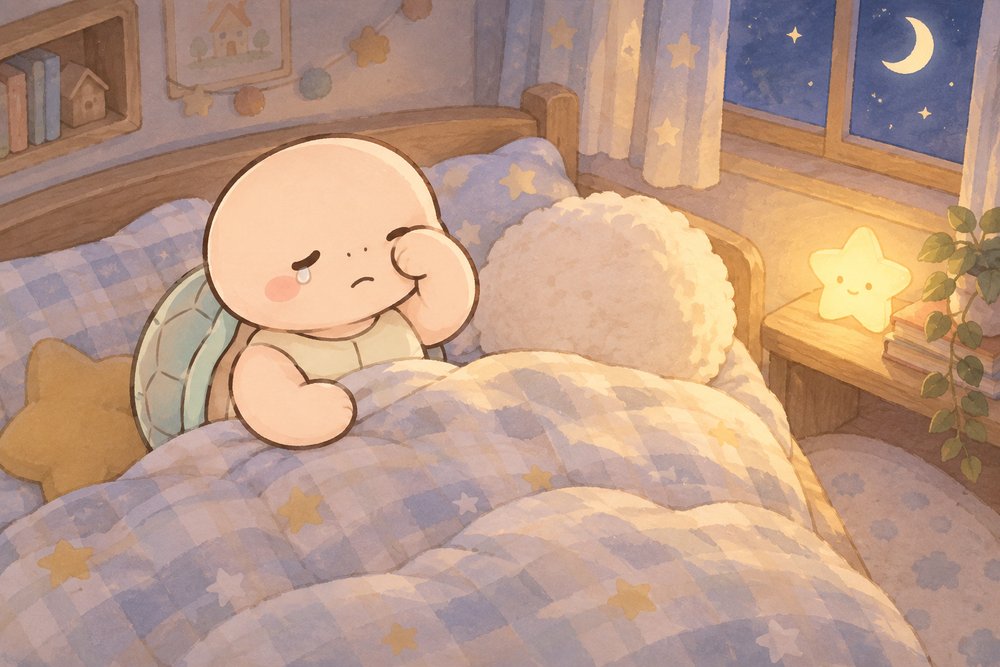 夜中に目を覚まして目をこする亀のナビ助