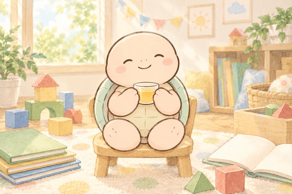 りんごジュースに溶かした漢方薬を持つ亀のナビ助