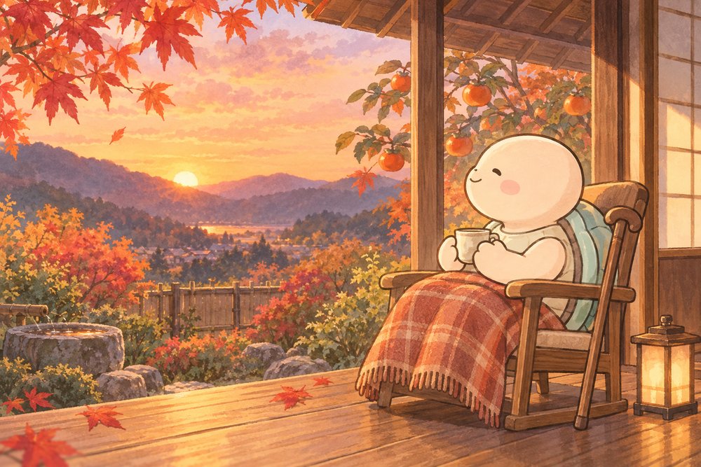 秋の縁側で夕焼けを眺めてくつろぐ亀のナビ助