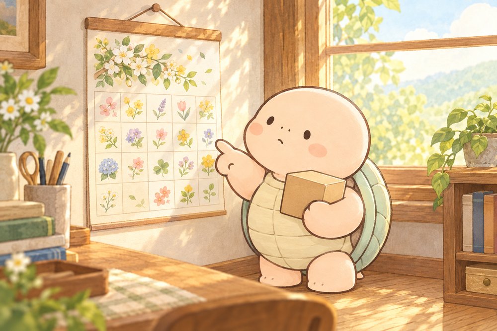 亀のナビ助が漢方薬の箱を持ちカレンダーを指さして期限を確かめているイラスト