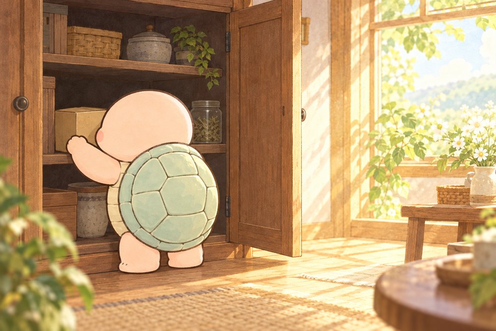 亀のナビ助が日差しを避けて戸棚の奥に漢方薬をしまっているイラスト