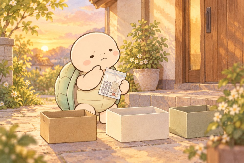 亀のナビ助が古くなった薬の袋を持ち分別用の箱の前で出し方を考えているイラスト