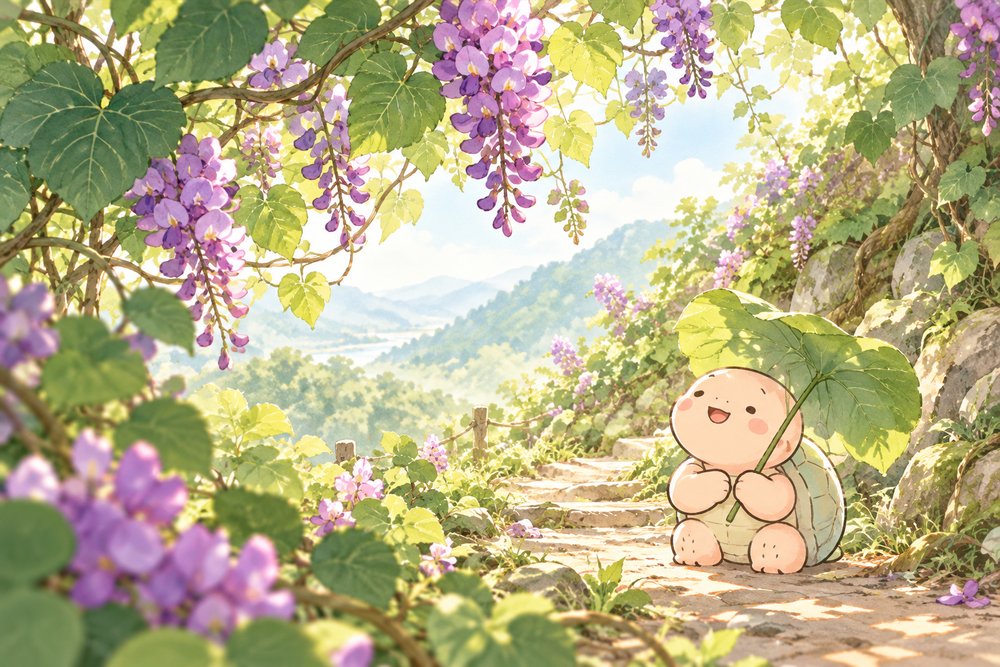 葛の花が咲く山道で亀のナビ助が大きな葛の葉を傘のように持って花を見上げているイラスト
