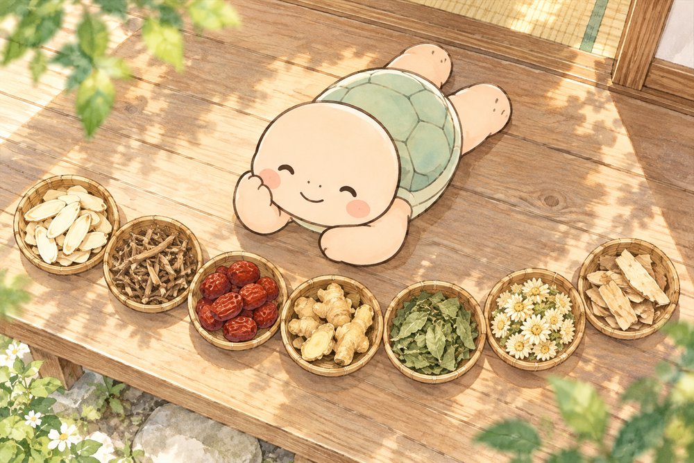 縁側に並んだ7つの竹かごの生薬を亀のナビ助が寝そべって眺めているイラスト