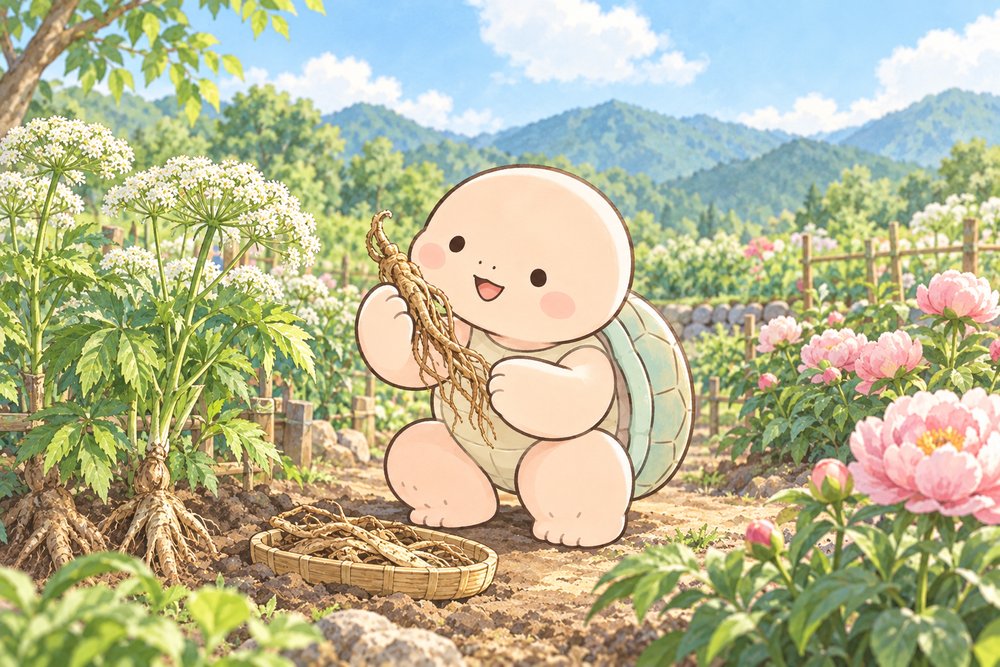 薬草畑で乾燥させた根を眺める亀のナビ助