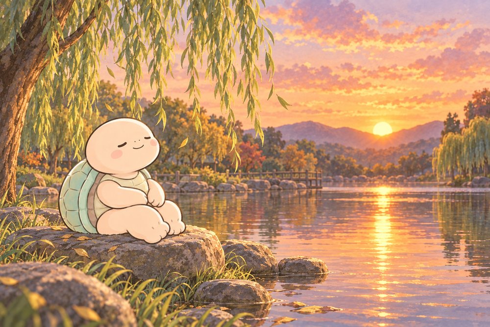 夕暮れの池のほとりで風を感じてほぐれる亀のナビ助