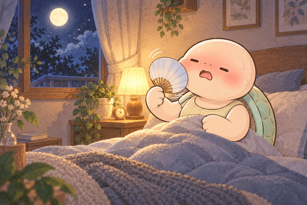 ほてった顔で扇子をあおいで眠れない亀のナビ助