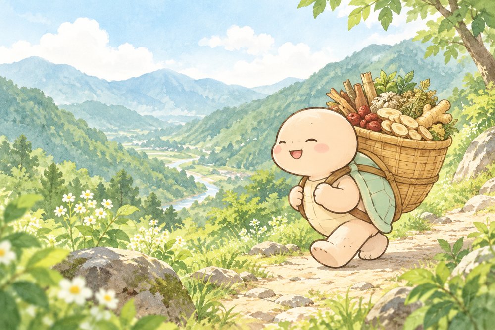 生薬をたっぷり入れたかごを背負って歩く亀のナビ助