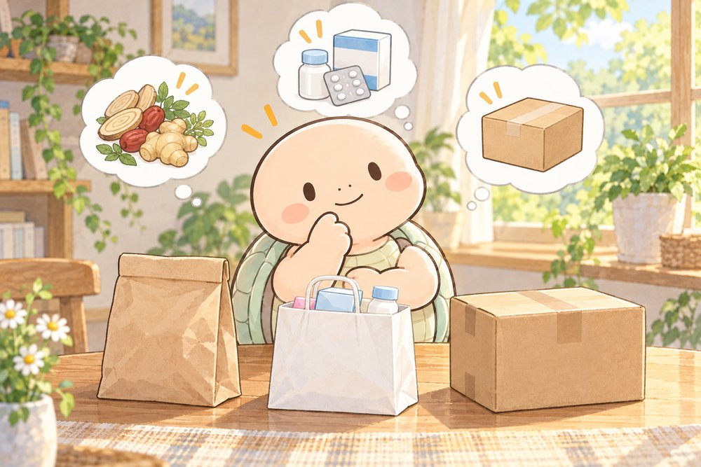 入手方法のちがう3つの袋を見比べる亀のナビ助