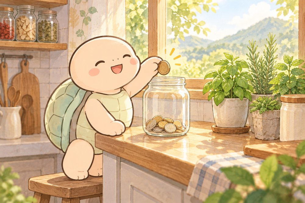 貯金びんに硬貨を入れて節約する亀のナビ助