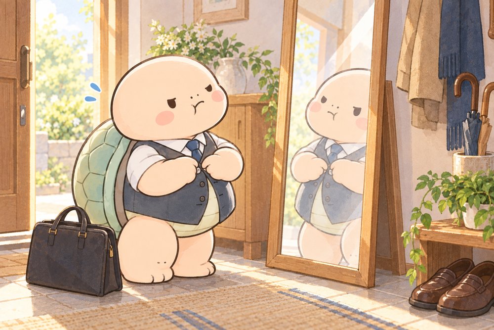 きつくなったベストのボタンに困る亀のナビ助