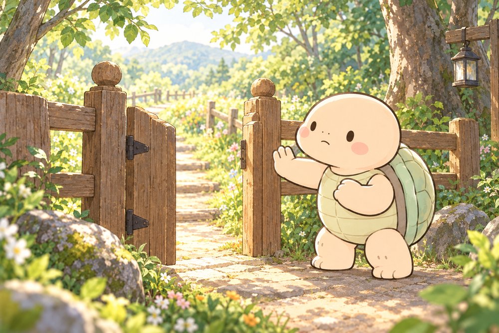 門の前で立ち止まって確認する亀のナビ助