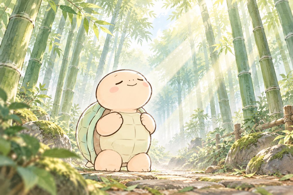 朝もやの竹林で深呼吸する亀のナビ助