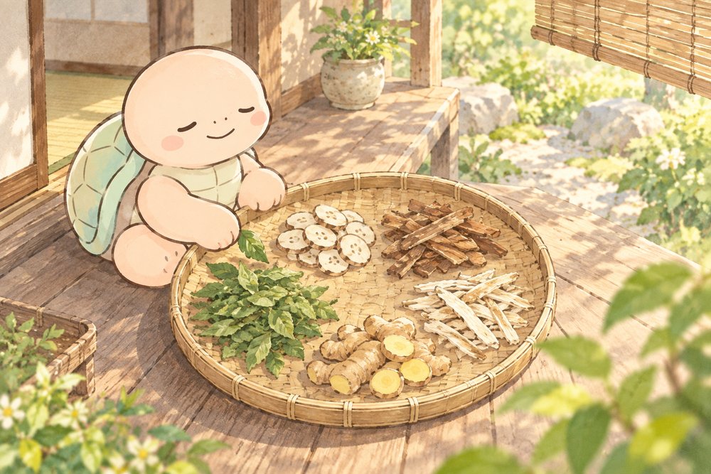 縁側で5種類の生薬を天日干しする亀のナビ助
